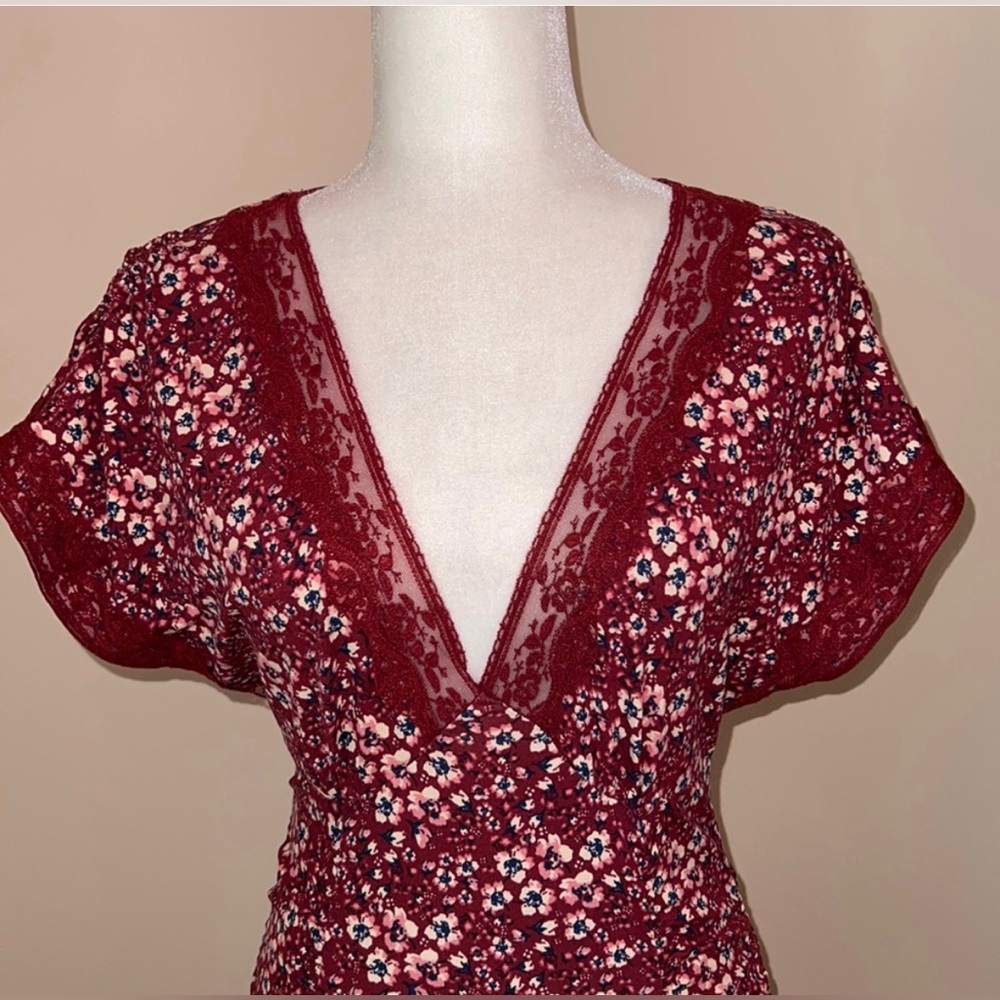 NWOT Free People sweet talker floral lace V neck ruched keyhole mini dress - Picture 5 of 14
